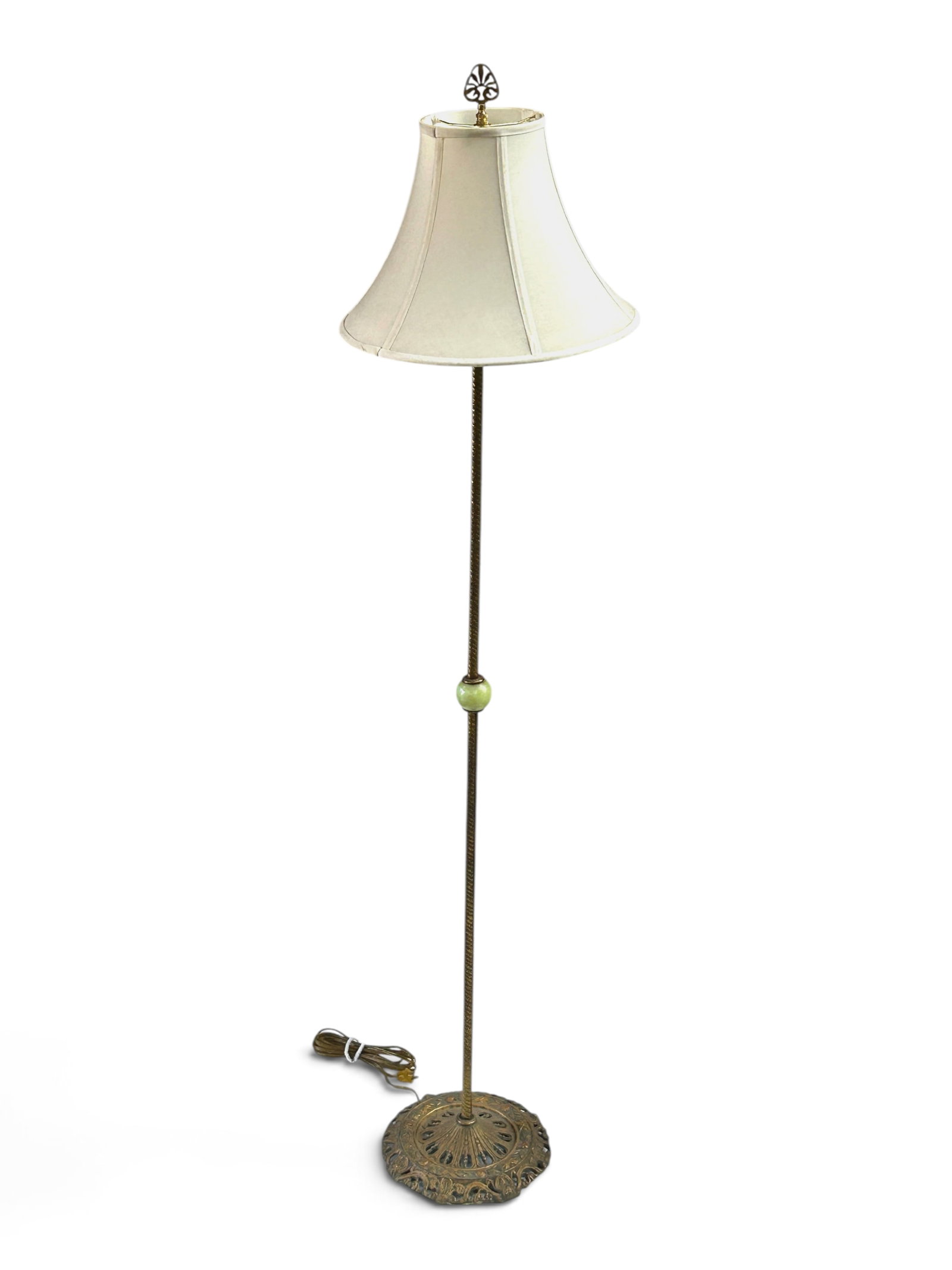 Antique Metal Floor Lamp w/ Cloth Shade.: The base has a pierced ornate design, and a faux onyx knob halfway up the tube. It works, and is in good condition. The shade has a few stains. The lamp measures 63" tall. Third Party Freight Shipping