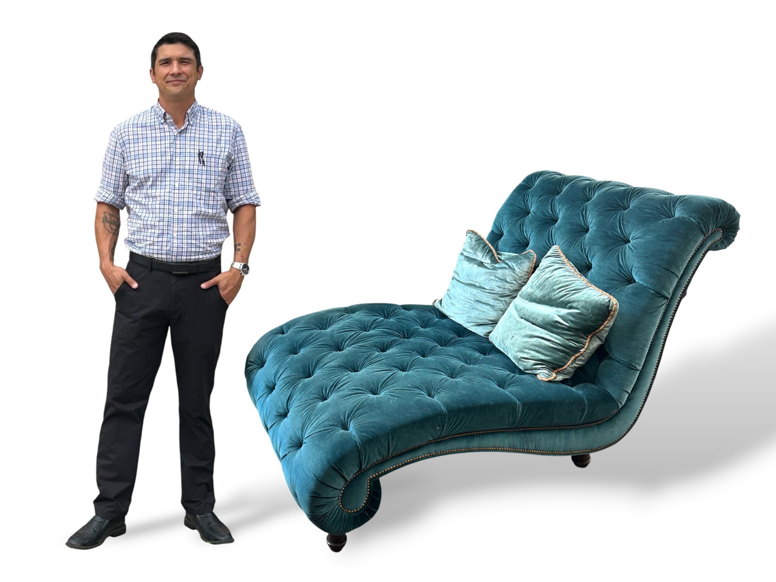 Tufted Deep Teal Velvet Scrolled Chaise Lounge. (1 of 17)