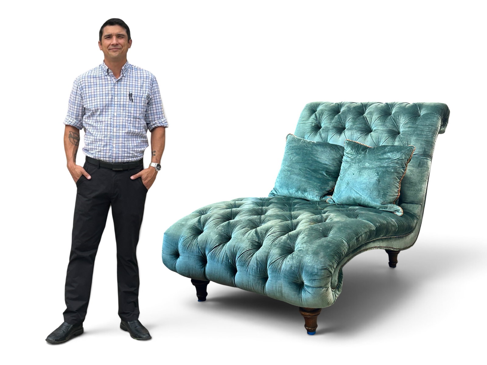 Tufted Emerald Green Velvet Scrolled Chaise Lounge (1 of 13)
