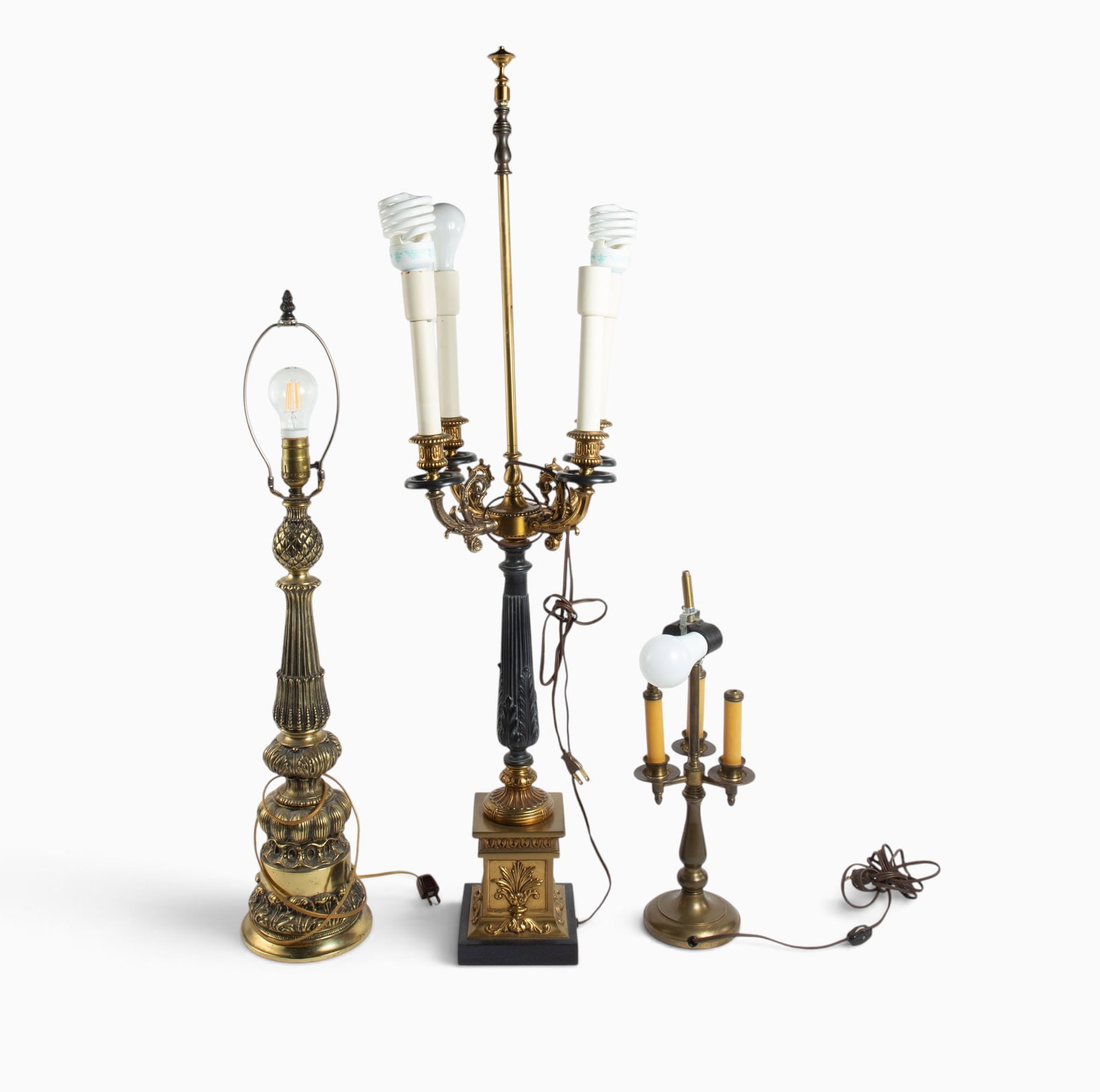 3 Vintage Lamps - Loevsky, Neoclassical, Bronze.: The lot consists of a Neoclassical style 4-light candelabra table lamp, a 1967 Loevsky & Loevsky White Metal Castings ornate gilt piece, and a bronze 3-arm piece with two sockets above the arms. The t