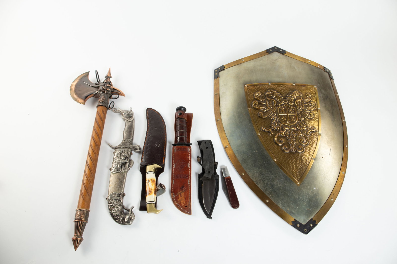 Lot: Shield, KA-BAR Knife, Daggers, Axe. (1 of 12)