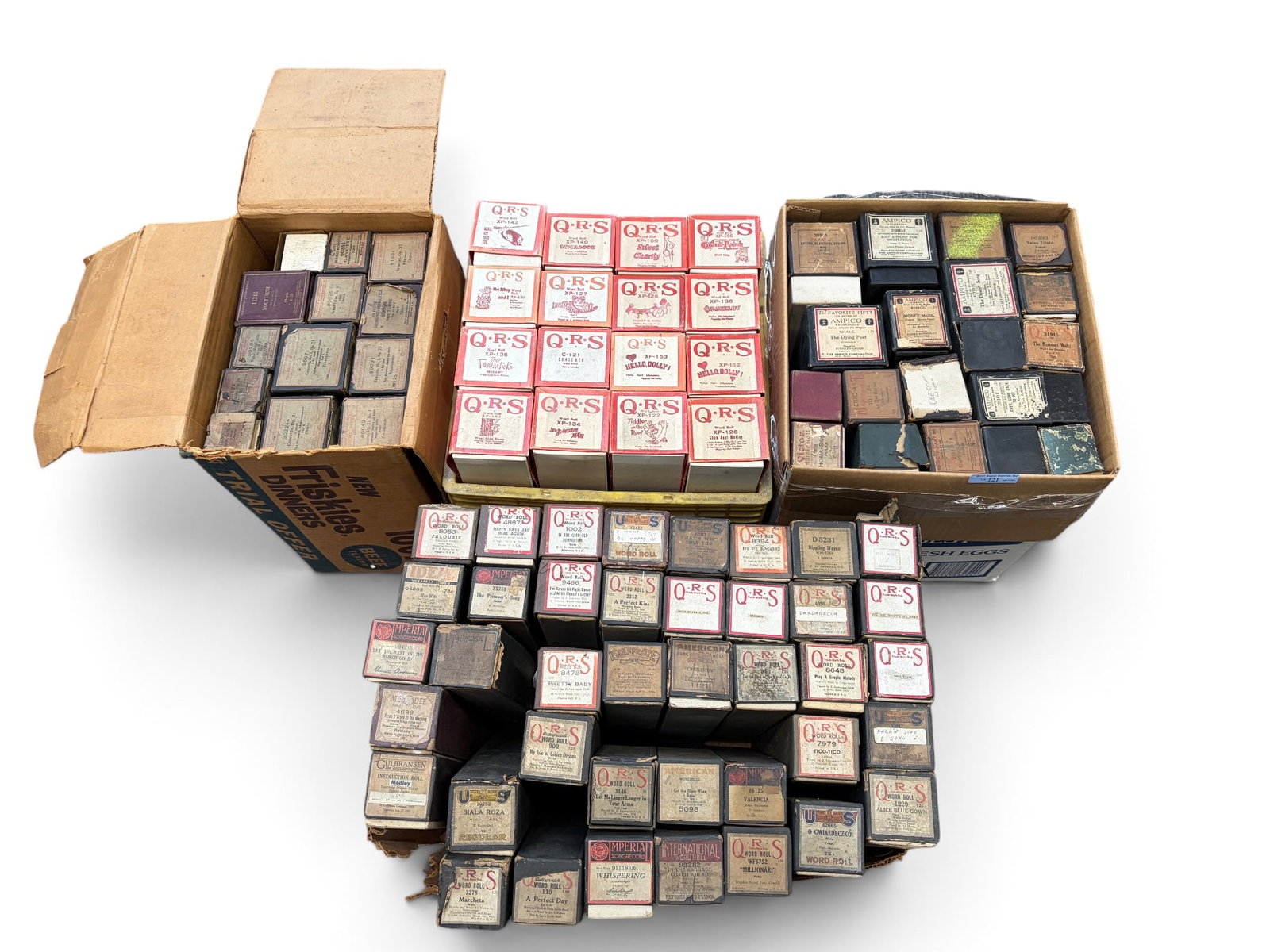Lg. Lot of QRS, Ampico & Other Vintage Piano Rolls: The lot includes several rolls from stage musicals, including West Side Story, Fiddler on the Roof, The Music Man, Hello Dolly!, The King and I, and more. The largest box measures 12 1/2" x 3" x 2 3/4