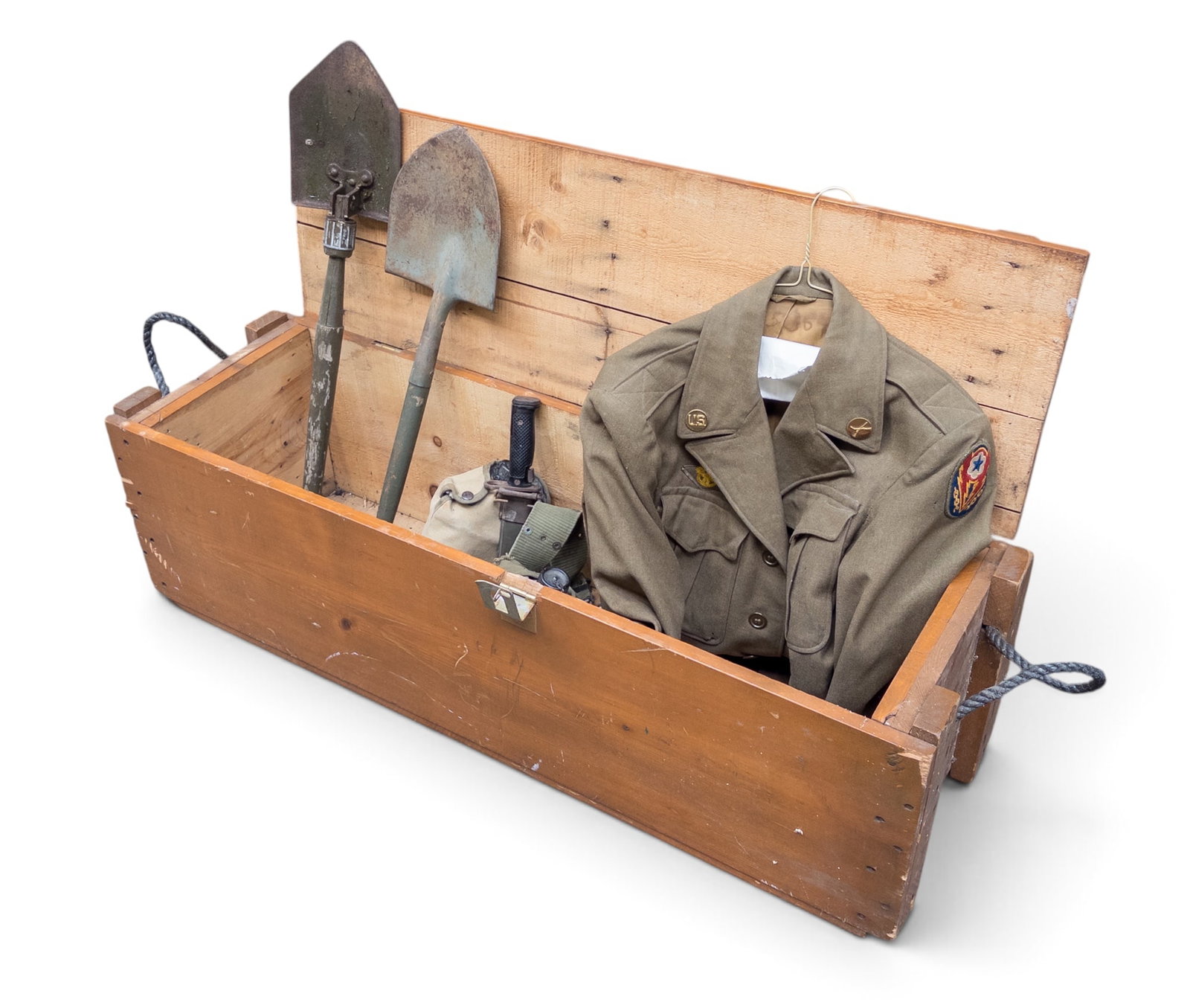 Wood Chest or Crate w/ Military Items.: The crate doesn't quite close properly. The contents include a military blazer (significant moth damage), a USN MK1 knife, shovels, belts, and a canteen. The crate is the largest item, measuring 42"