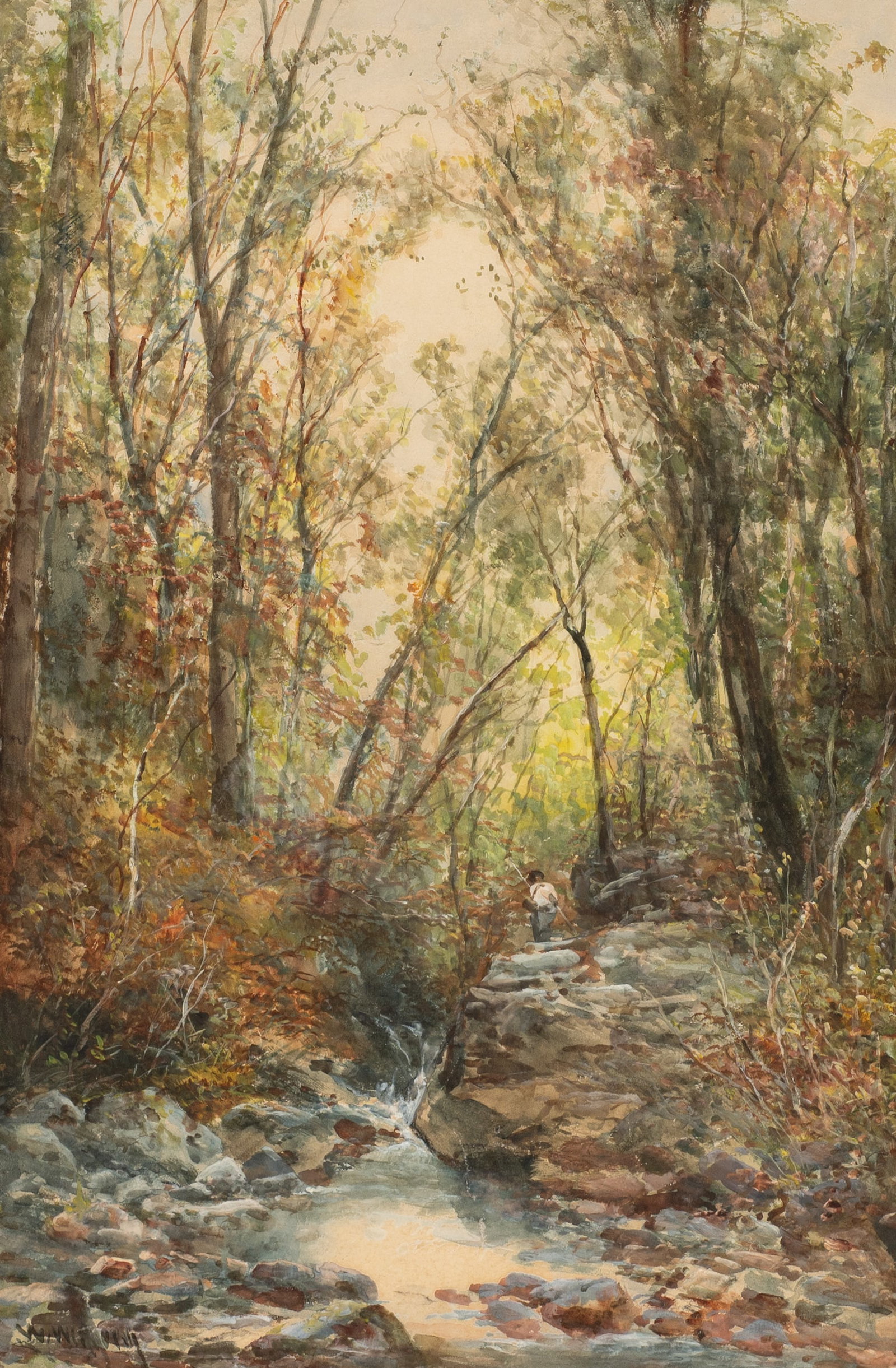 River in the Woods, Watercolor by William Widgery.: Artist(s): William Widgery (English, 1822-1893). Medium: Watercolor painting. Signature(s): Lower left. Paperwork/Provenance: N/A Condition: Some signs of toning to the sheet, but the work is otherwis