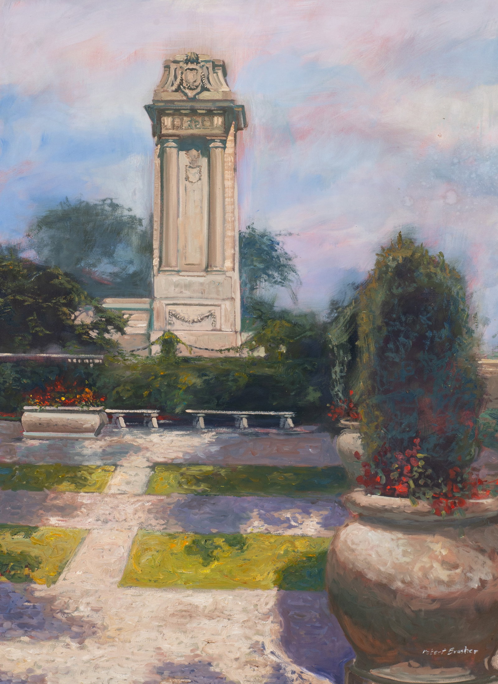 Large Painting of a Park Scene, Robert Brasher.: Artist(s): Robert Brasher (20th/21st Century). Medium: Oil painting on canvas. Signature(s): Lower right. Paperwork/Provenance: N/A Condition: Surface grime, water stains along the right border, and