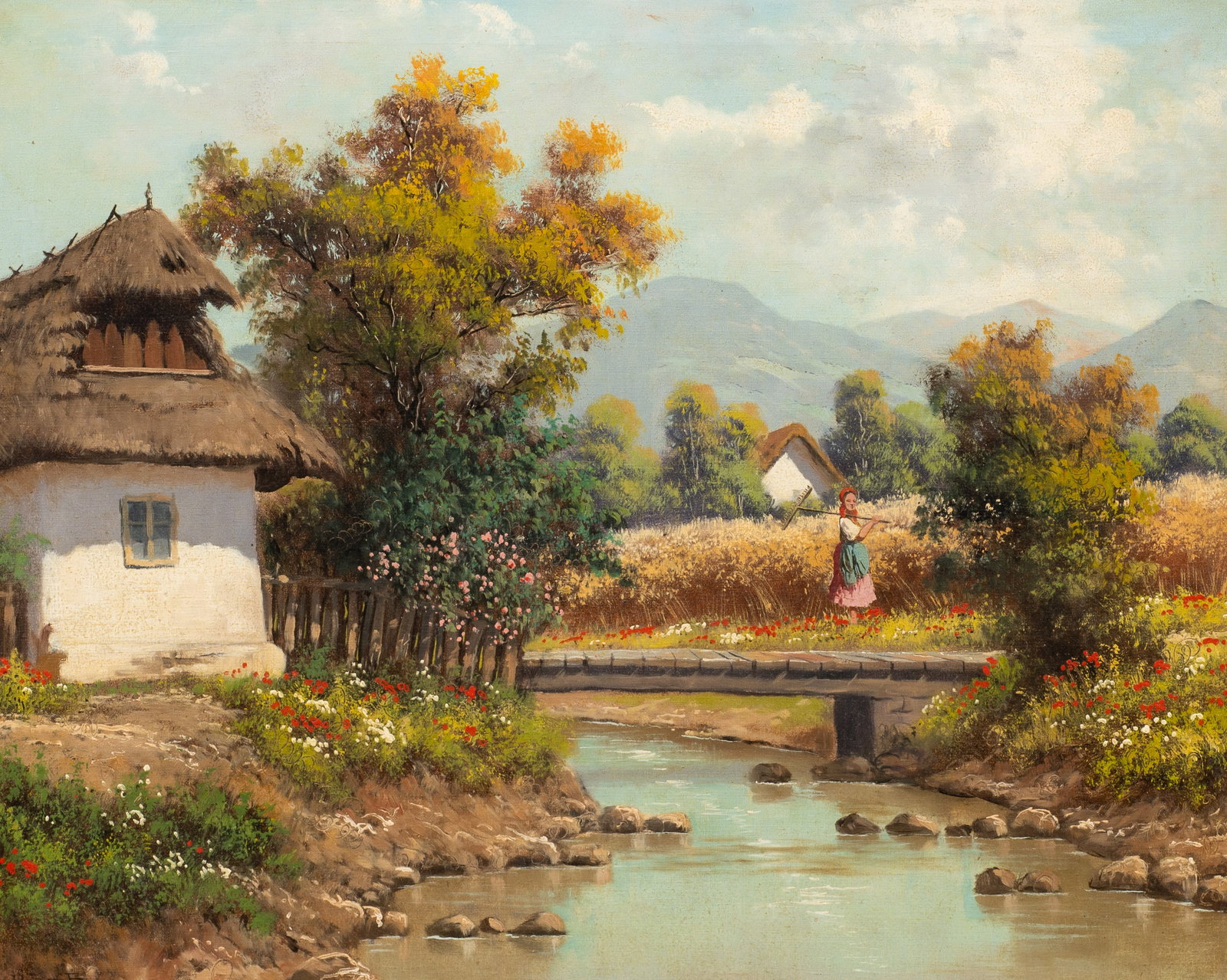 Painting of Farming Village by Bela Barsi.: Artist(s): Bela Barsi (1872-1913). Medium: Oil painting on canvas. Signature(s): Lower left. Paperwork/Provenance: Condition: Visible stretcher lines and signs of surface grime. Scuffs and chips to