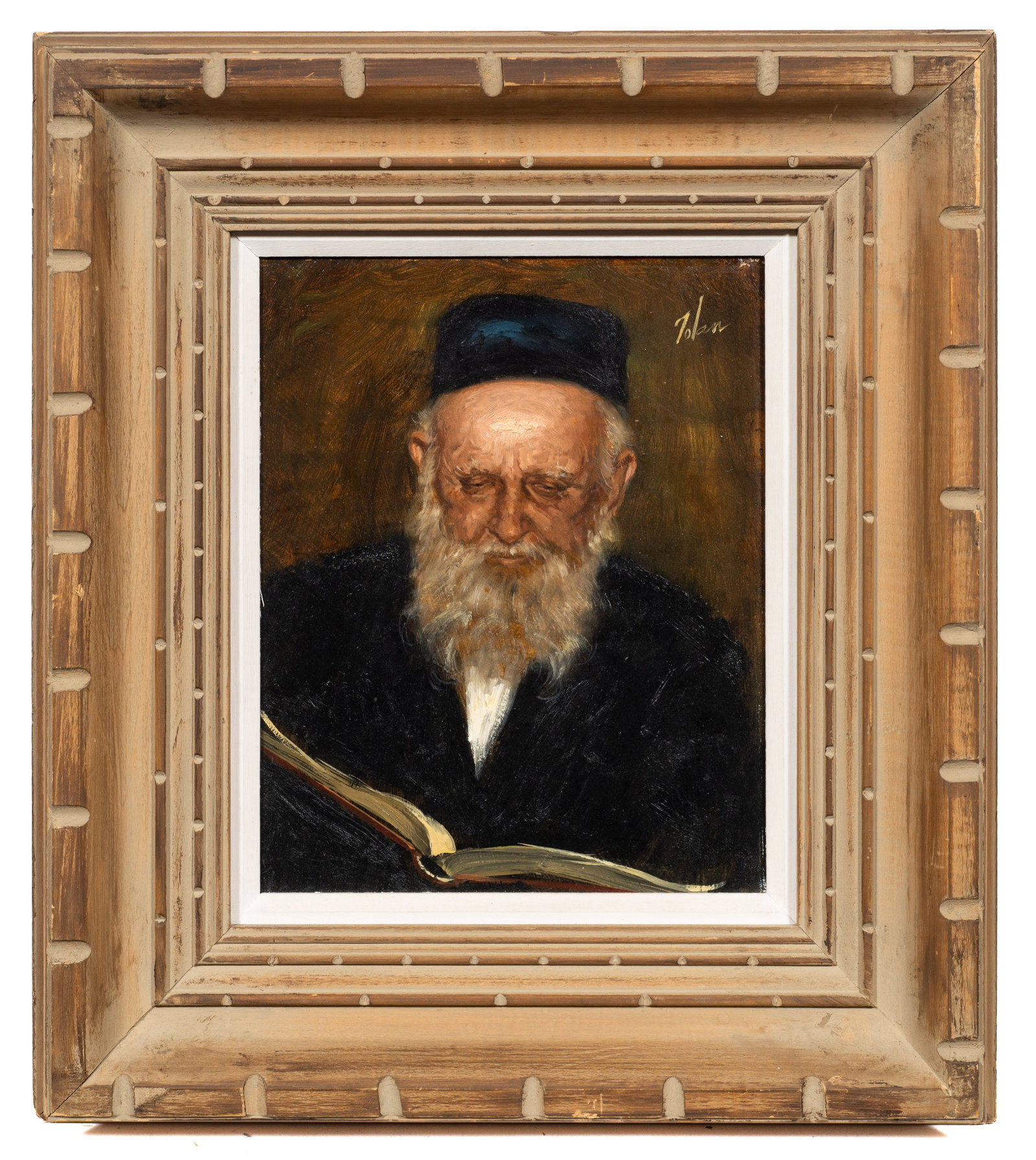 Oil Portrait of a Rabbi by Richard Zolan.: Artist(s): Richard Judson Zolan (American, 1931-2001). Medium: Oil painting on board. Signature(s): "Zolan", upper right. Paperwork/Provenance: N/A Condition: Minor signs of surface grime to the work,