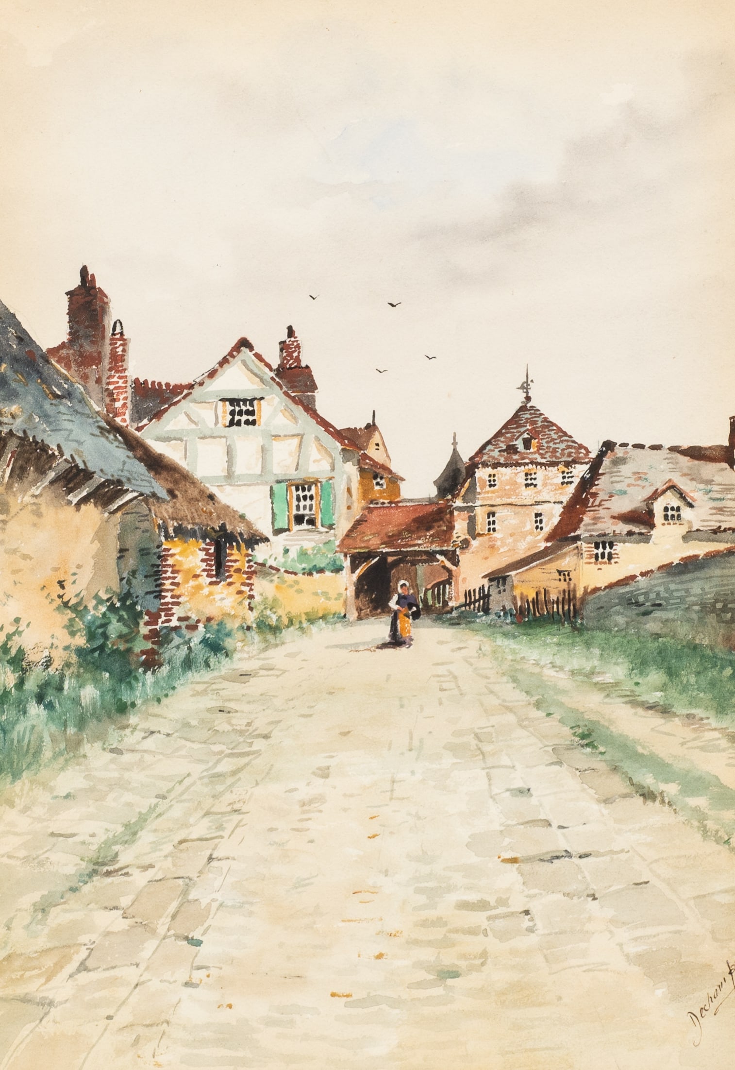 Watercolor of a Village Street Scene, Deschamps.: Artist(s): Unknown, ca. 19th/20th century. Medium: Watercolor painting. Signature(s): "Deschamps", lower right. Paperwork/Provenance: N/A Condition: Signs of toning and minor foxing to the work. Some 