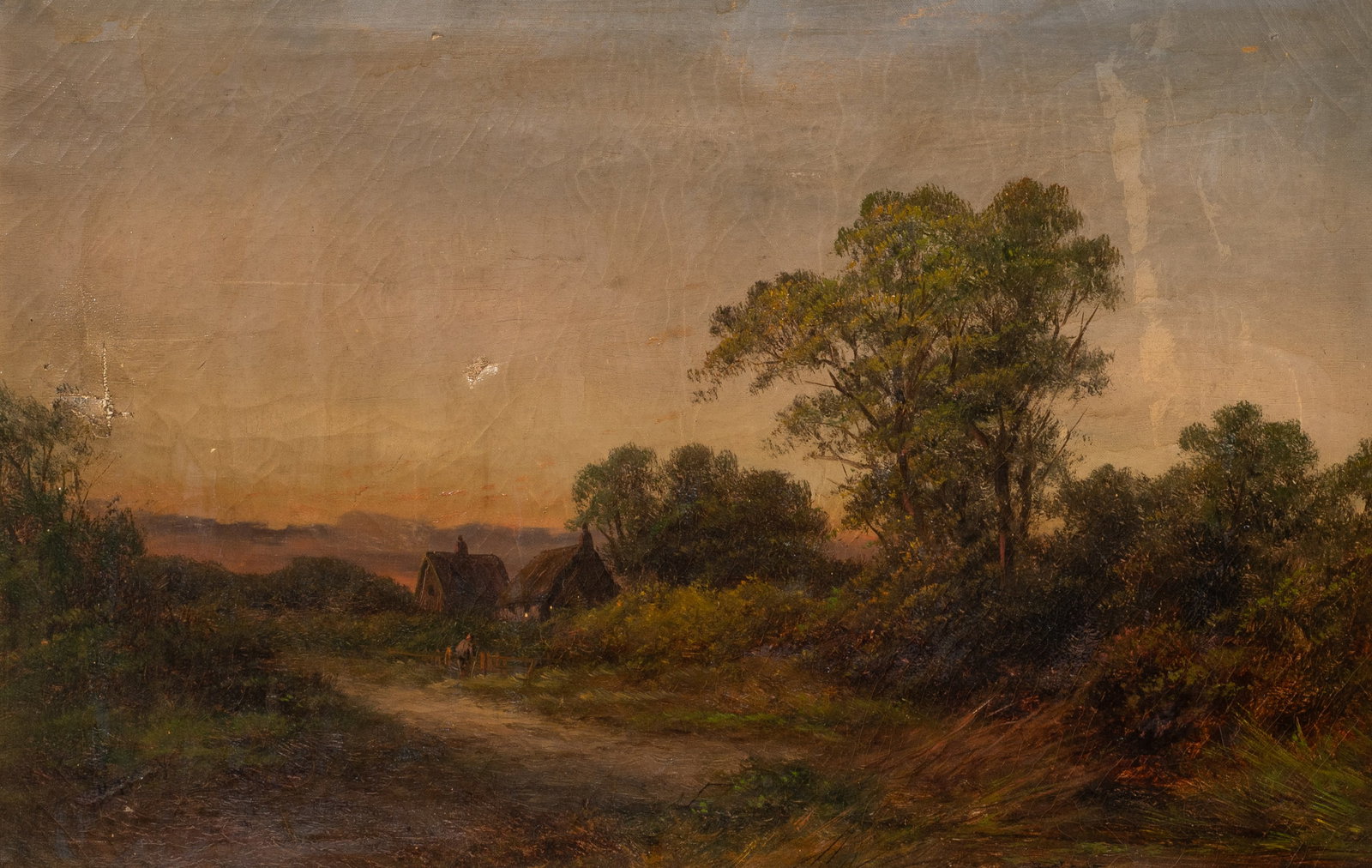 Antique Painting of Bucolic Village, Sgd. R. Perry: Artist(s): Unknown, 19th/20th Century. Medium: Oil painting on canvas. Signature(s): "R. Perry", lower left. Paperwork/Provenance: N/A Condition: Craquelure, surface grime, and two larger tears to the