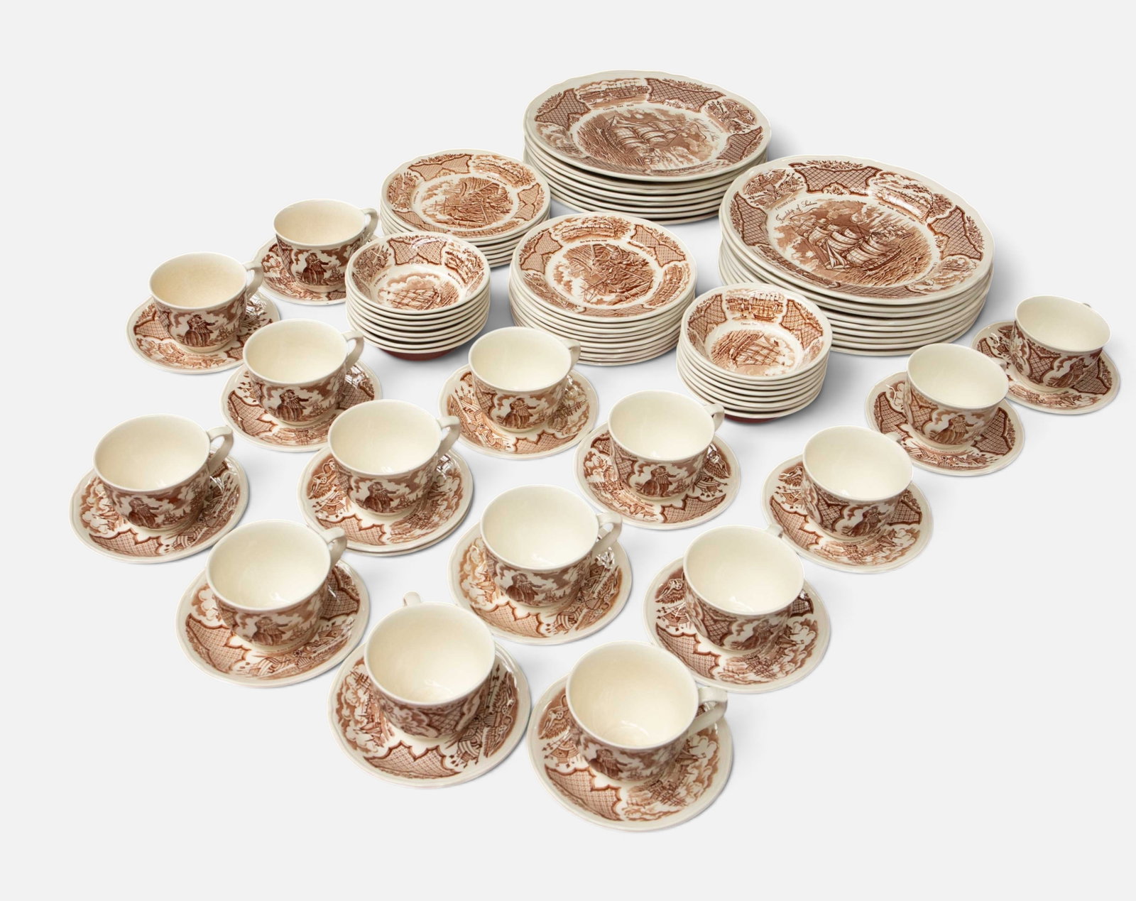 Alfred Meakin Fair Winds China Set- Over 80 Pcs.: Overall, this set presents well. A few of the pieces have small chips. The largest item measures 10 5/8" x 10 5/8" x 1". The smallest item measures 5 1/2" x 5 1/2" x 3/4". Third-party shipping or