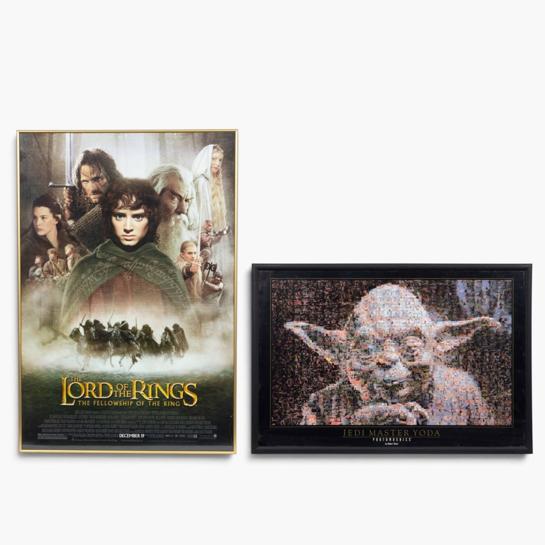 2 Movie Posters - Jedi Master, Lord of The Rings.: The lot contains 2 framed film related posters. There is a 1997 Jedi Master poster by Robert Silvers, and a 2001 "The Lord of The Rings: The Fellowship of the Ring" movie poster with a brushed brass
