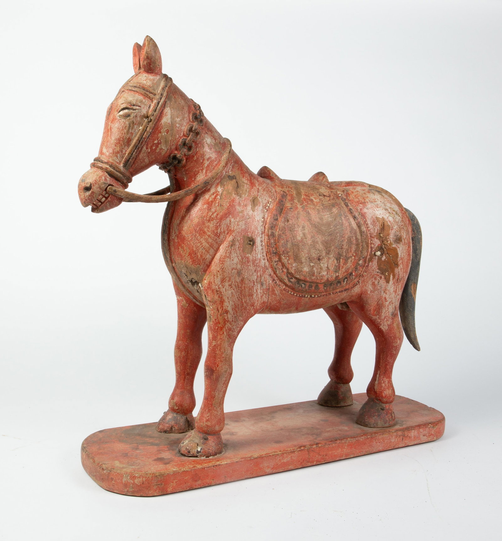 Asian or Asian Style Carved Horse Sculpture.: It has some cracks and other signs of surface wear. Overall, it presents well. The dimensions are 22 5/8" x 7 5/8" x 23". In-house shipping is available. To receive the best shipping rate on this