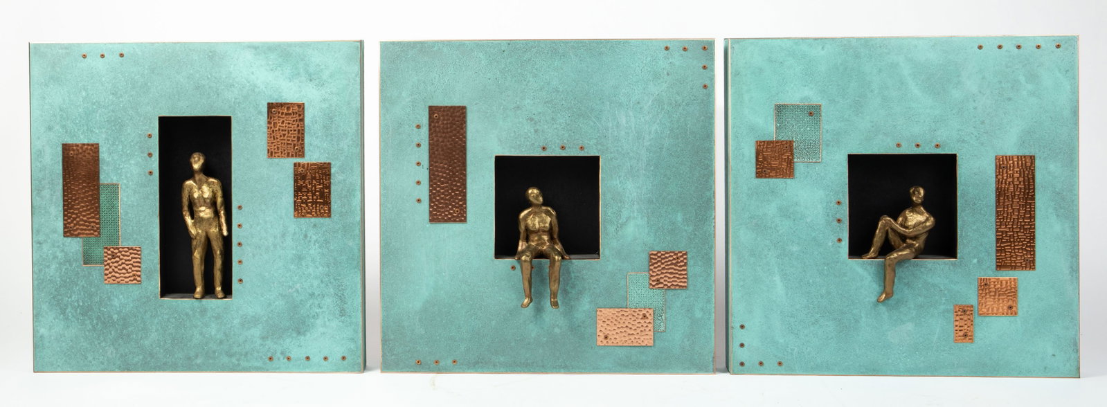 Malotte & Rae "On the Lake" Series of 3 on Copper.: These mixed media pieces look to be in nice condition, and have approximately the same dimensions. Each measures 17 7/8" x 17 7/8" x 2". In-house shipping is available. To receive the best shipping