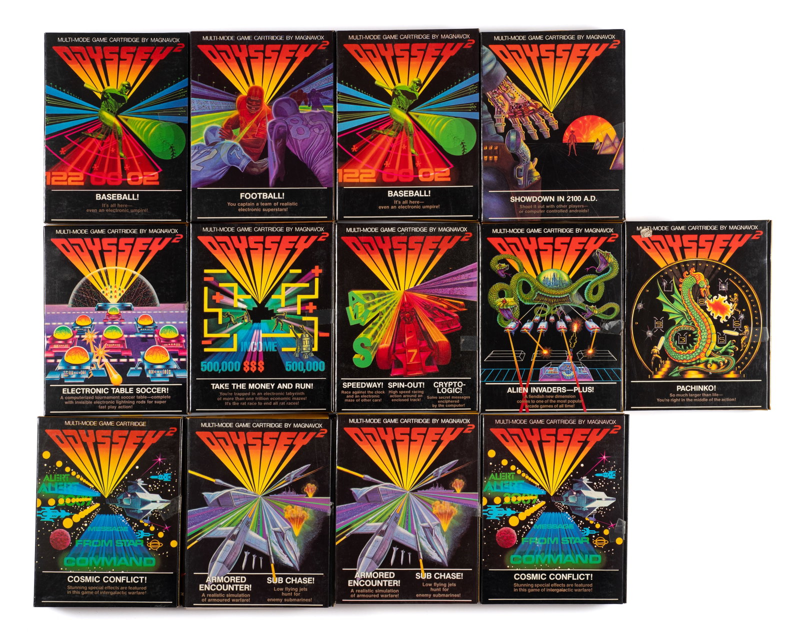Lot of Odyessey 2 Video Games, CIB.: This lot includes thirteen Odyessey 2 video games. Each one includes the cartridge, manual, and box. One or two of the boxes are bent, but most look nearly new. None of the games have been tested.