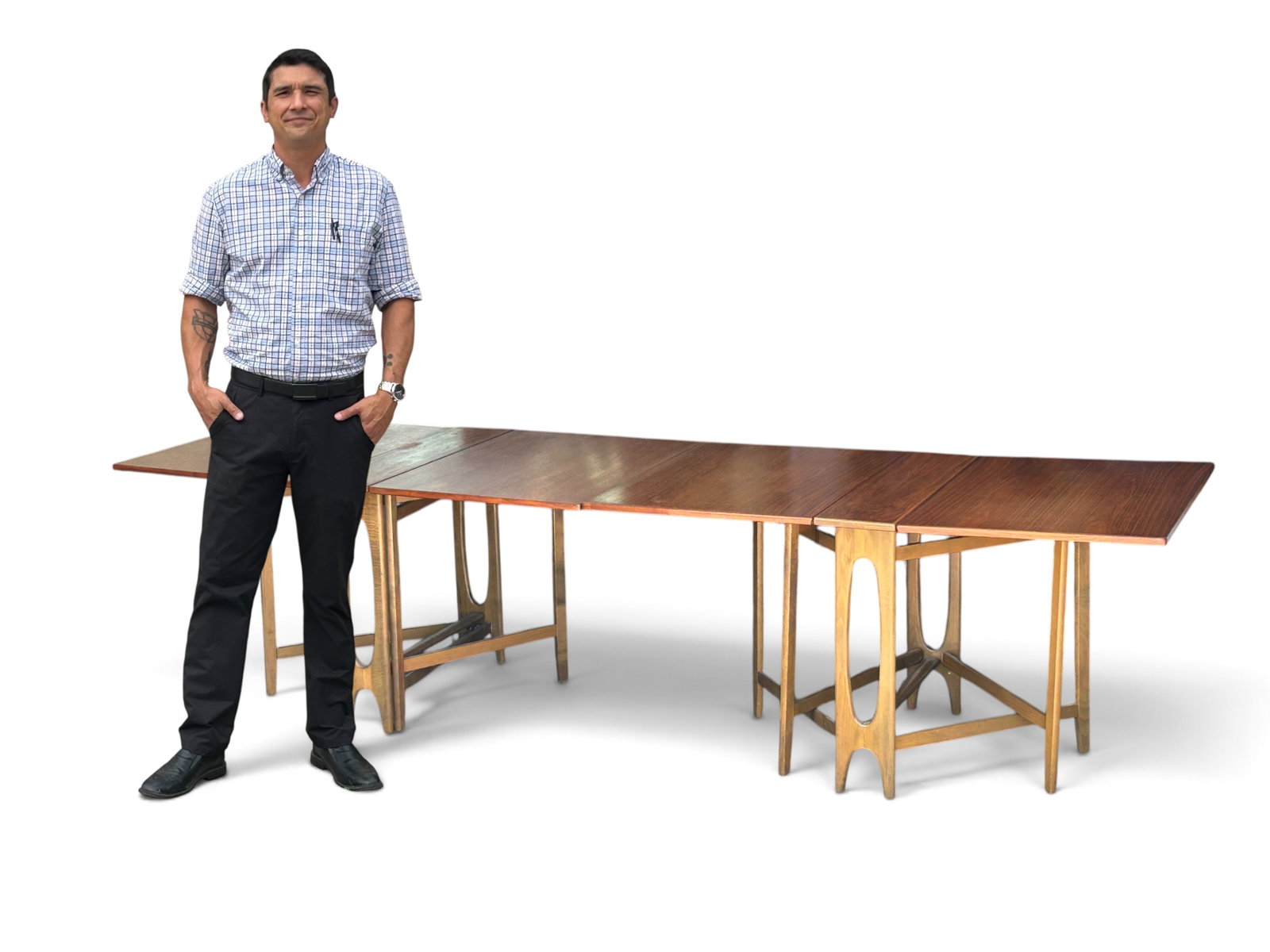 Pair of MCM Drop Leaf Dining Tables, Bendt Winge.: The pair of folding dining tables were designed by Bendt Winge for Kleppe Mobelfabrikk, Norway. The tables are stamped Made in Norway, along with a partial paper label listing the style and Mfg