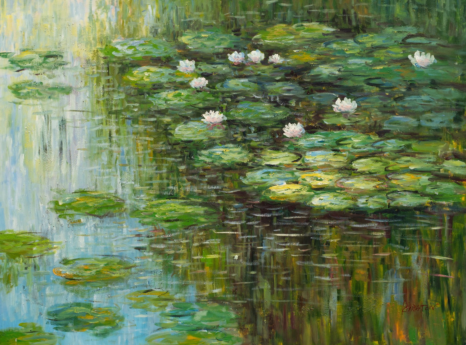 Large Painting of Water Lilies, Signed Kirsten. (1 of 5)