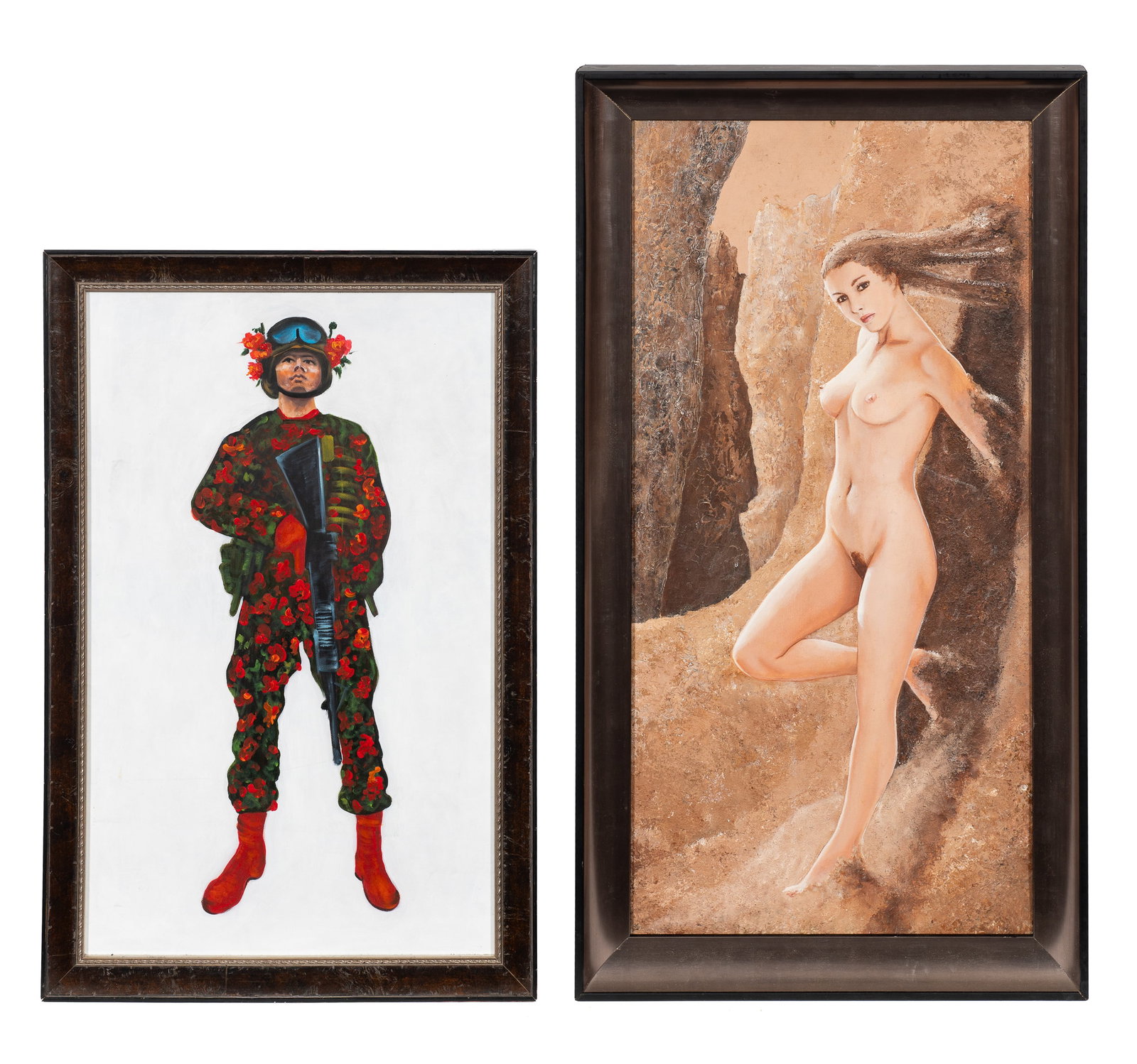 Lot of Two Framed Figural Paintings.: This lot contains two figural paintings: a copy of Pedro Ruiz's painting on a soldier with a poppy uniform, and a painting of a reclining nude woman. Neither are signed. Paperwork/Provenance: N/A