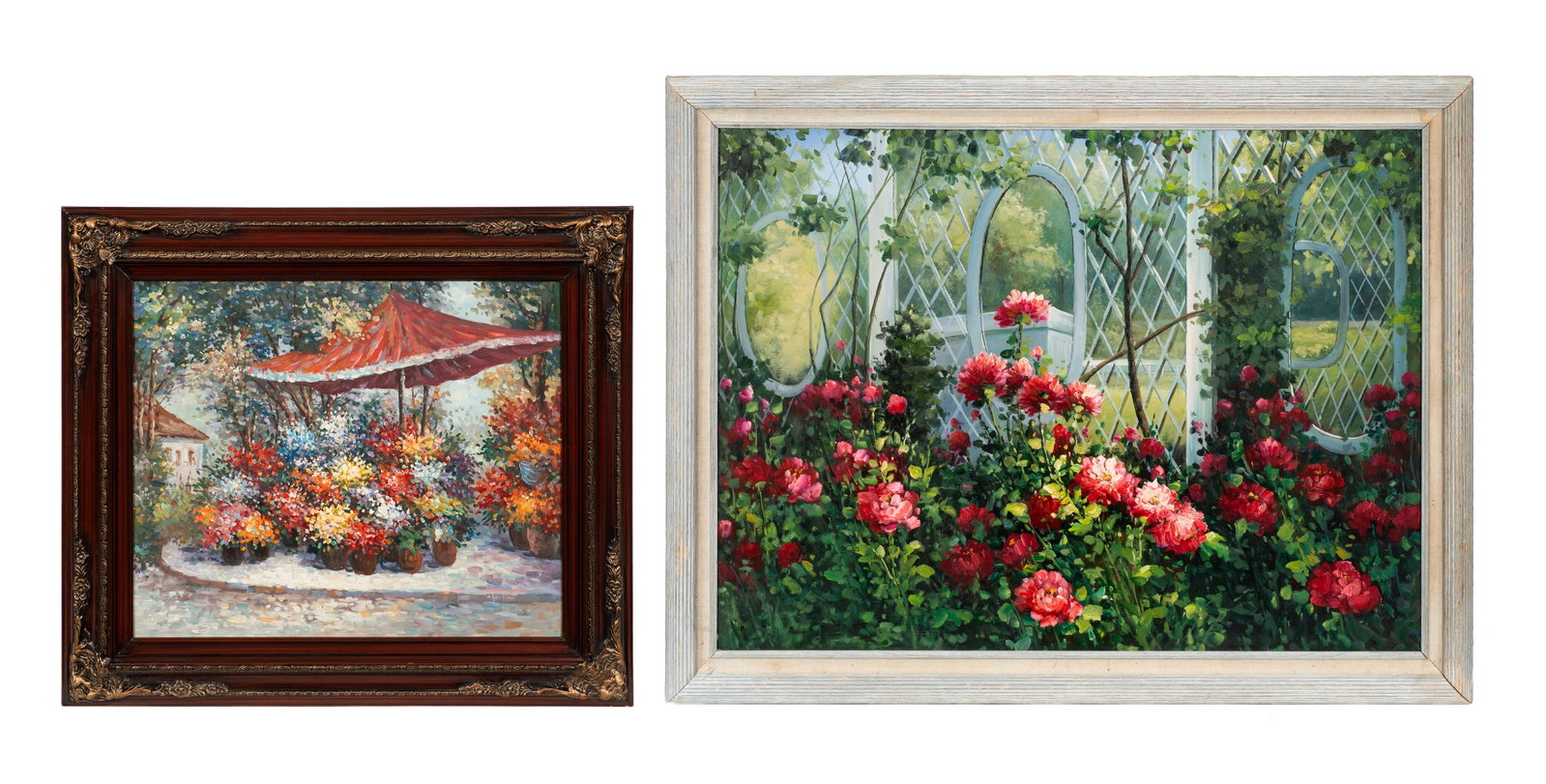 Lot of Two Floral Themed Paintings.: This lot contains an unsigned garden scene, and a flower market scene that is signed "Herlin" in its lower right corner. Paperwork/Provenance: N/A Condition: The works are in good overall condition,