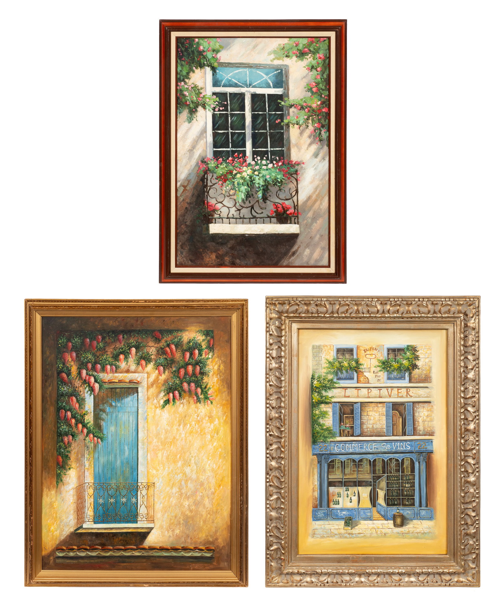 Lot of Three Framed Decorative Paintings.: This lot contains three larger decorative paintings. The works depict a French street scene, a Mediterranean style scene, and a flower-covered balcony. Paperwork/Provenance: N/A Condition: The