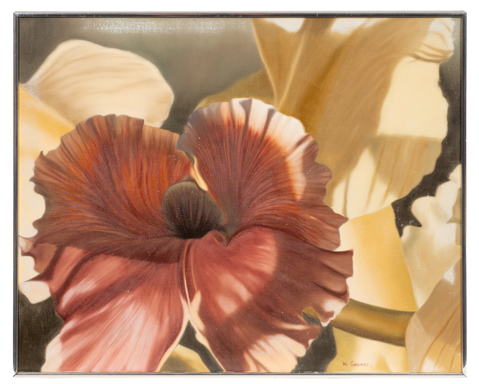 Framed Floral Painting, Winifred Godfrey.: Artist(s): Winifred Godfrey (American, b. 1944). Medium: Oil painting on canvas. Signature(s): "W. Godfrey", lower right. Paperwork/Provenance: N/A Condition: Craquelure throughout, as well as