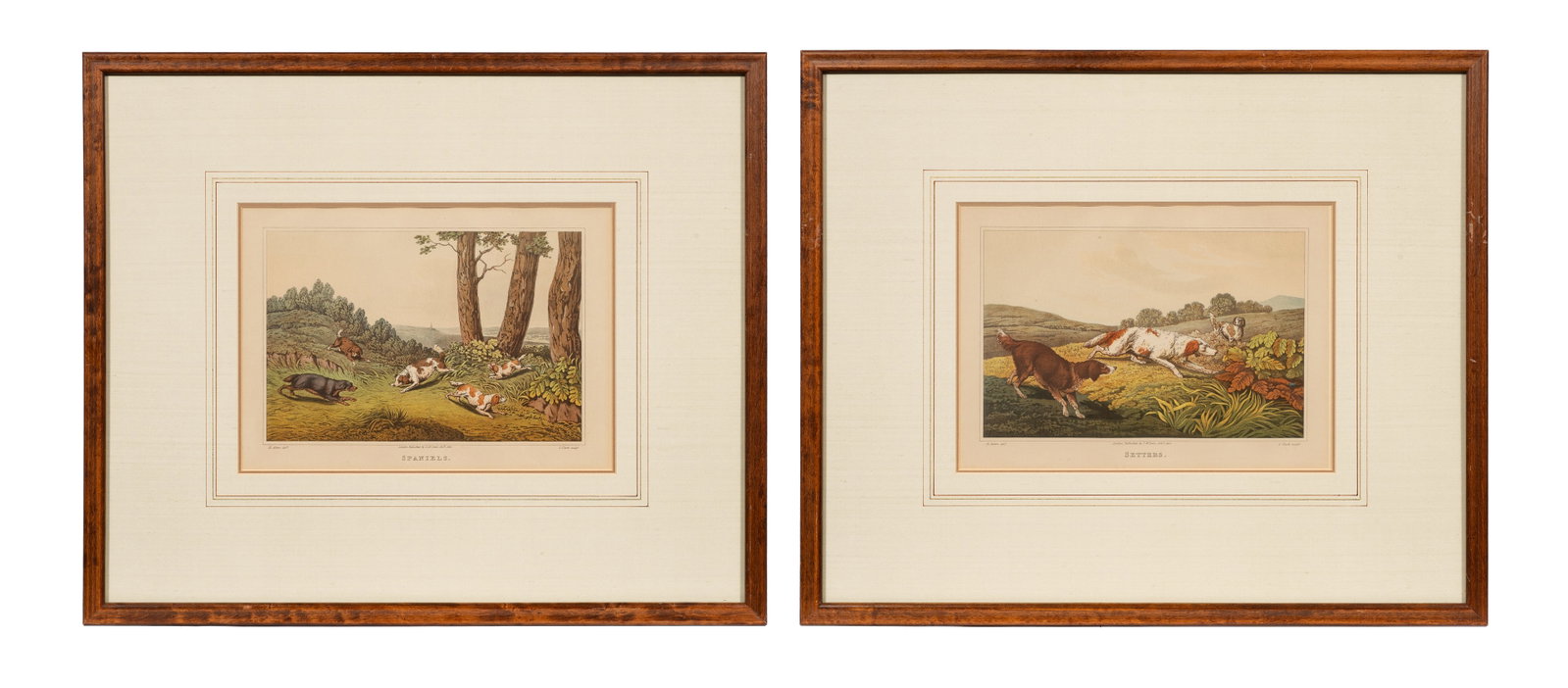 Pr. of Hunting Dog Aquatints, After Henry T. Alken: This lot contains two aquatint engravings by John Clark after Henry Thomas Alken from his book "The National Sports of Great Britain". Paperwork/Provenance: N/A Condition: Signs of toning and minor