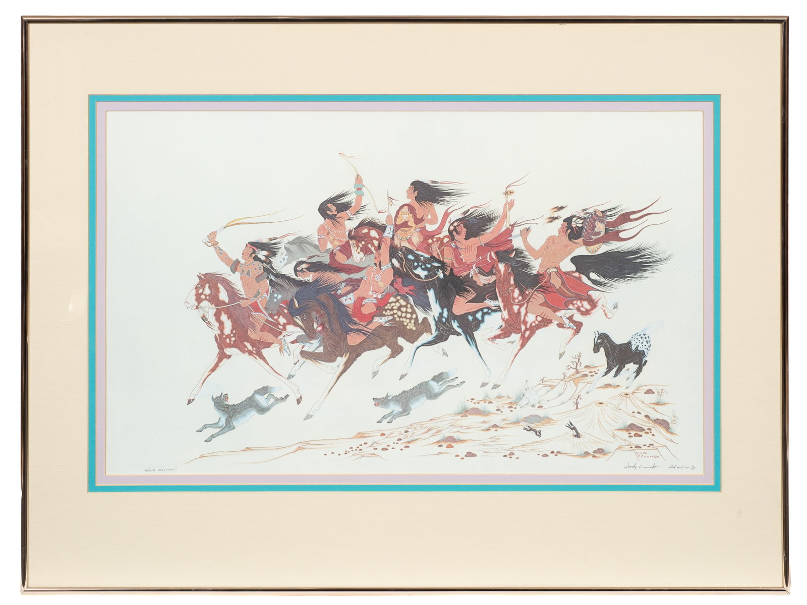 Spirit Warriors, Artist Proof Print, Woody Crumbo.: Artist(s): Woodwor Wilson Crumbo (Potawatomi, 1912-1989). Medium: Offset print in colors. Signature(s): Pencil signed, titled, and numbered (Artist Proof 20/163) in its lower margin.