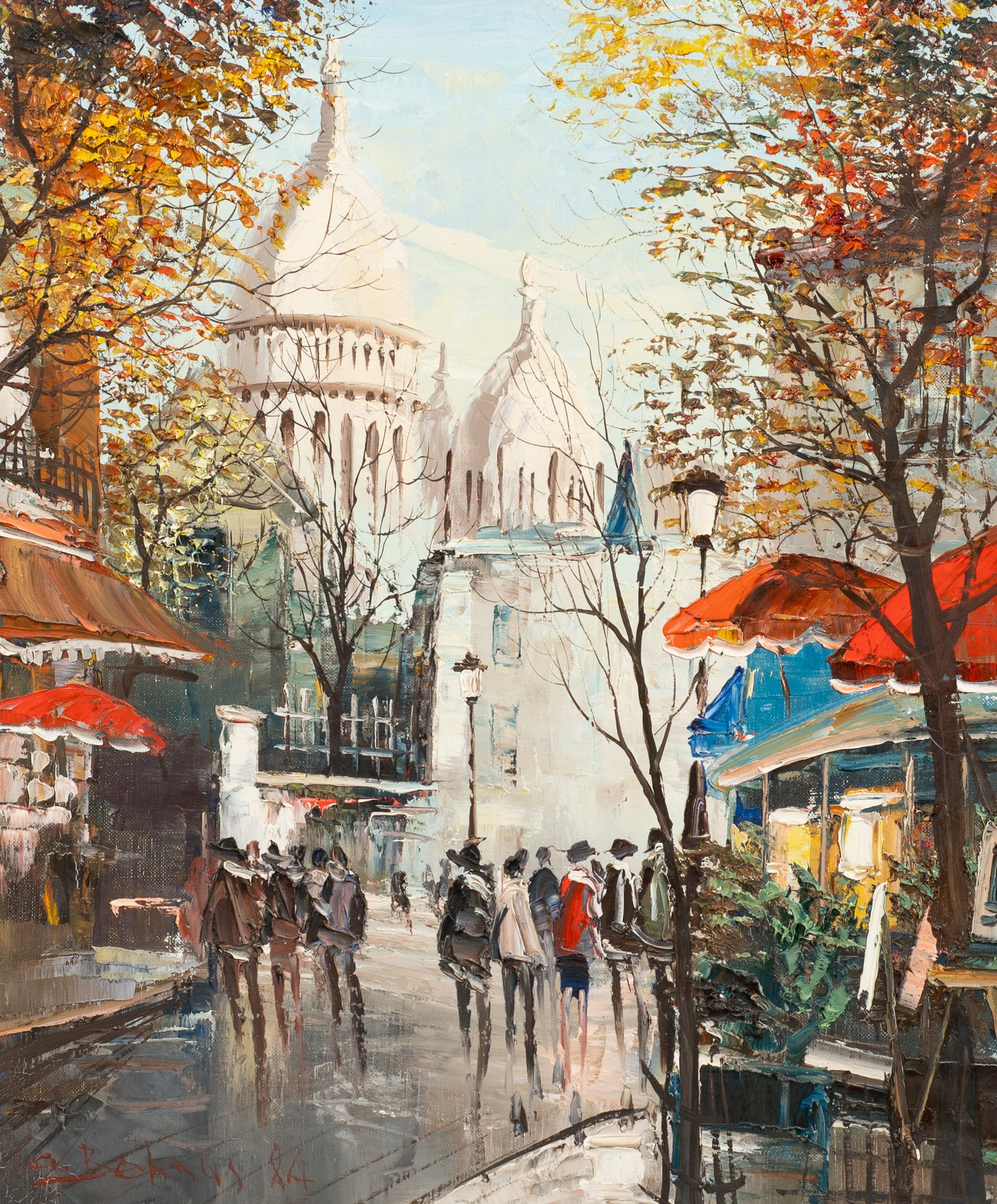French Impressionist Street Scene, George Behras.: Artist(s): George Behras (French, 20th Century). Medium: Oil painting on canvas. Signature(s): Lower left. Dated from 1984. Paperwork/Provenance: N/A Condition: There are signs of puckering to the can