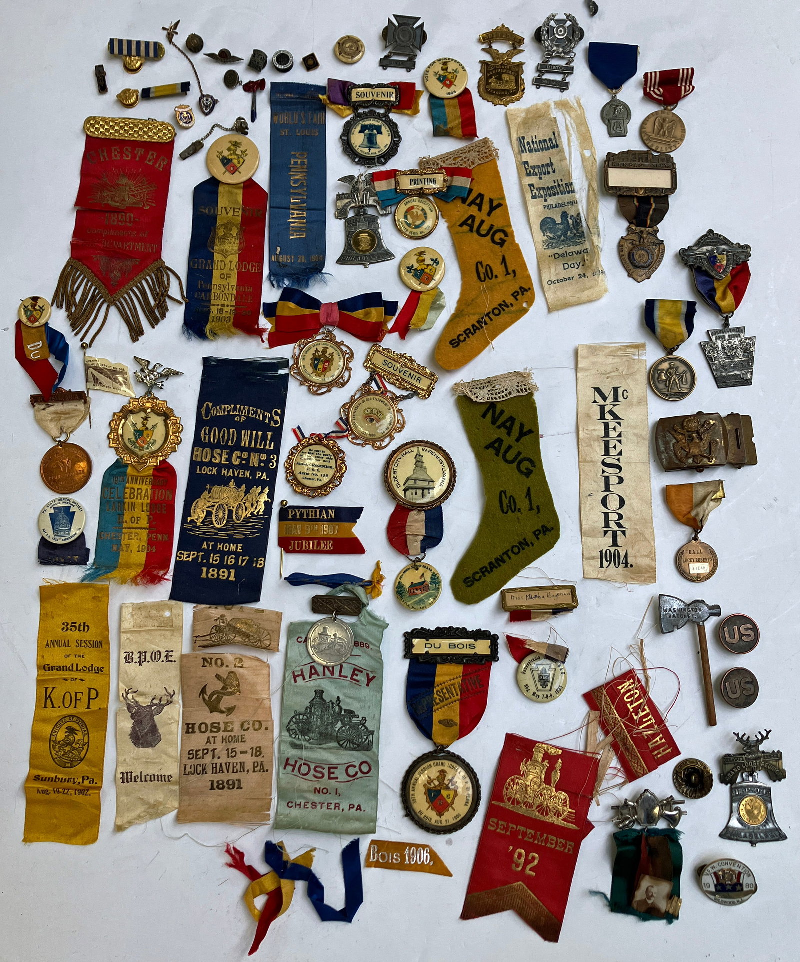 Lot Military & Antique Badges Medals Pins Ribbons.: The lot contains over 65 items, including over 15 military items. A few items are sterling silver or gold filled. Some of the military pins are 1980 Veterans of Foreign Wars, U.S. Army Sweetheart pin 