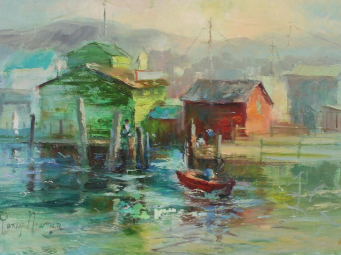 Paula Raney Newman: Misty Harbor Scene with Boats &: 24x36, O/B, SLL