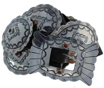 Sterling Silver  Coral Vintage Concho Belt Navajo: Weight: 400.5 Grams, 46" length |Sterling Silver Genuine Coral Vintage Concho Belt Navajo Native American Indian Jewlery Unsigned ~ 46" Length