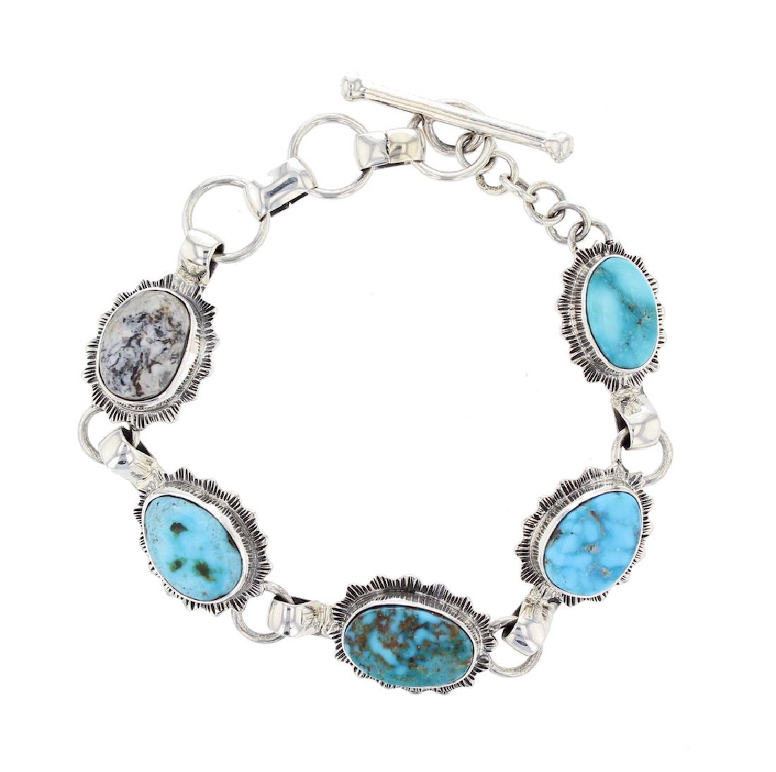 Sterling Silver Genuine Turquoise Link Bracelet Navajo (1 of 1)