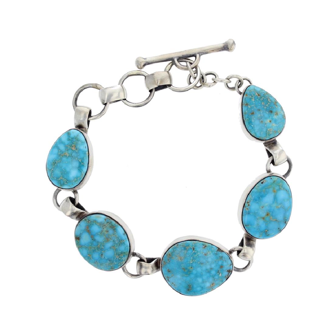 Sterling Silver Genuine Turquoise Link Bracelet Navajo (1 of 1)