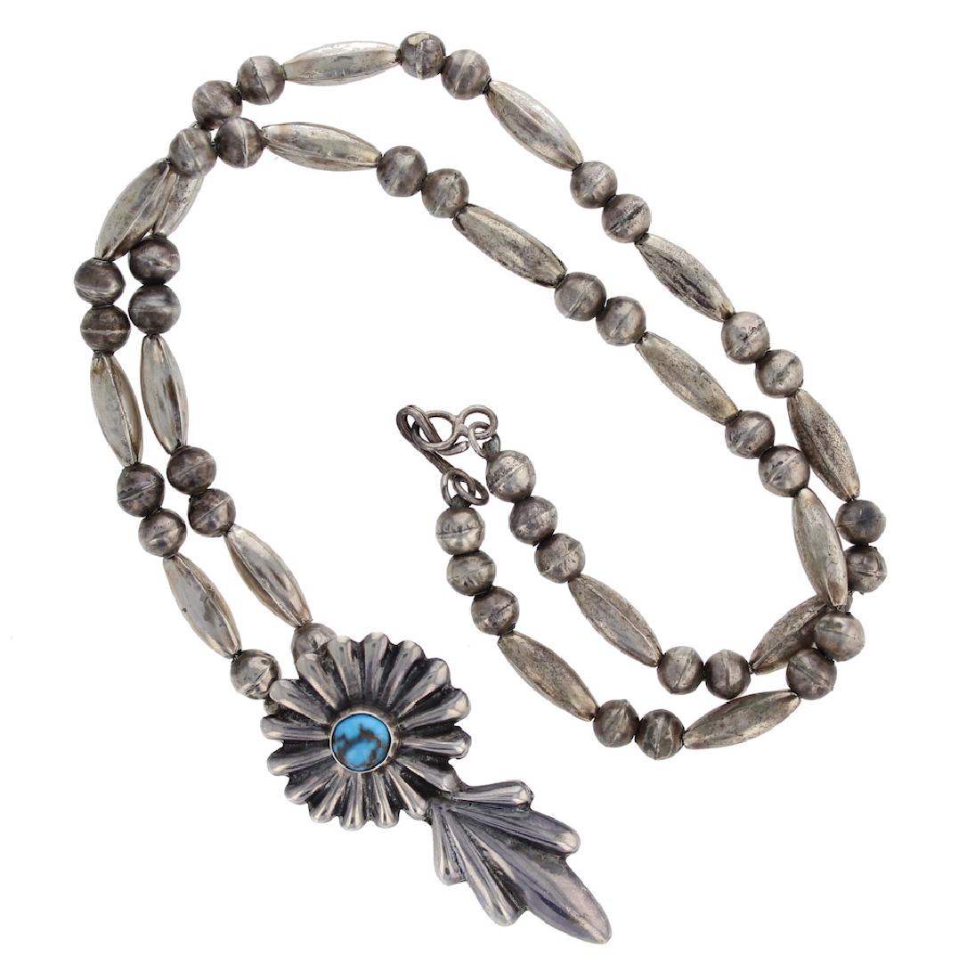 Sterling Silver "Navajo Pearls" Beads & Genuine: Weight: 30.1 Grams, 21.5" length |Sterling Silver "Navajo Pearls" Beads & Genuine Turquoise Sand Cast Antique Pendant Navajo Native American Indian Jewelry Unsigned