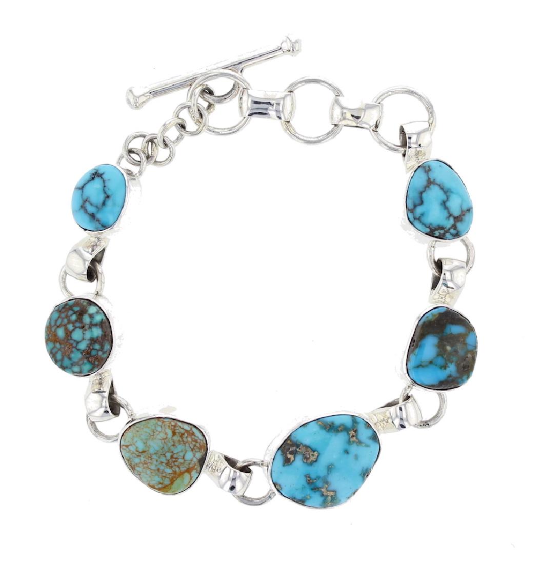 Sterling Silver Genuine Turquoise Link Bracelet Navajo (1 of 1)