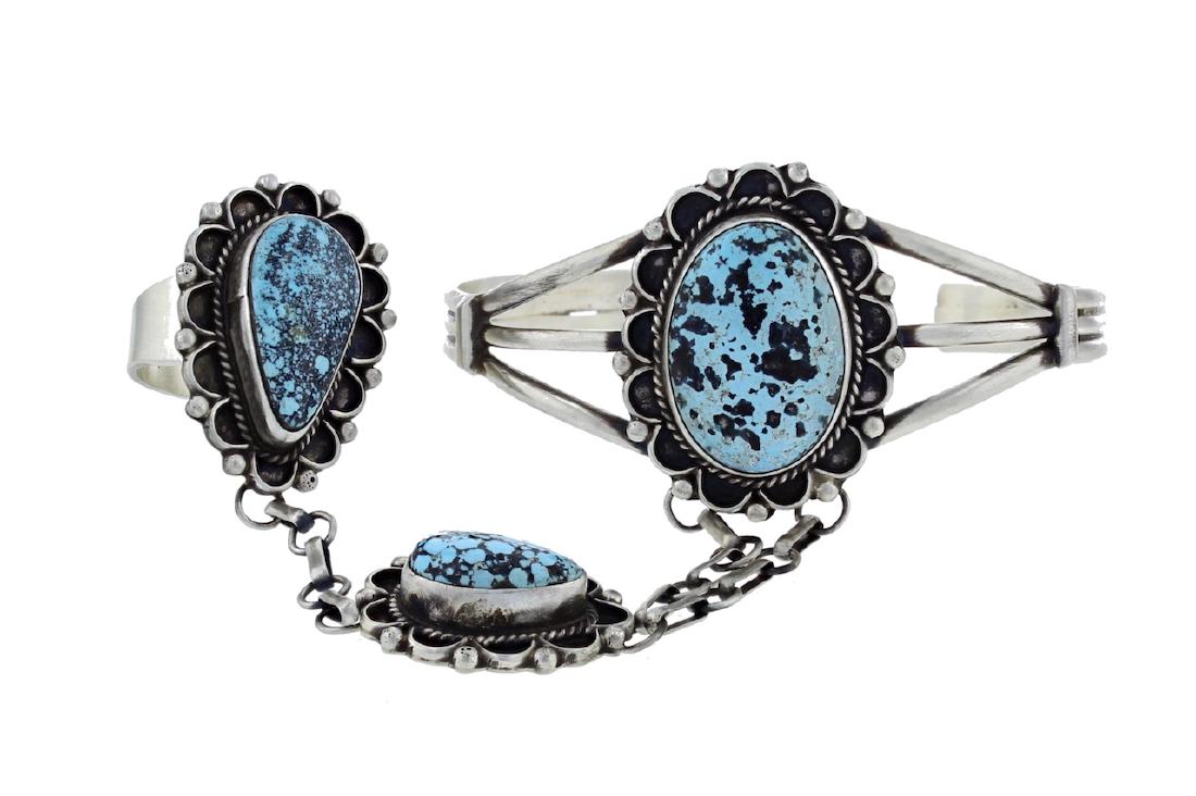 Sterling Silver Genuine Turquoise Slave Bracelet & Ring (1 of 1)