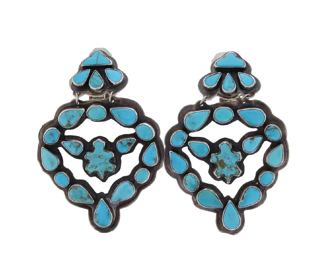 Sterling Silver Genuine Turquoise Antique Masterpiece: Weight: 34 Grams Total , Size: 2" x 3" Each -Sterling Silver Genuine Turquoise Antique Masterpiece Clip Earrings Navajo Native American Indian Jewelry Unsigned