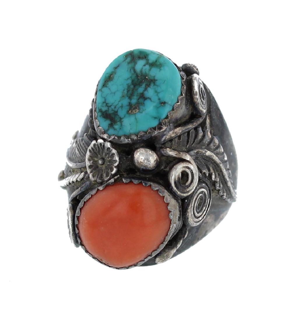 Sterling Silver  Turquoise & Coral Vintage Ring Navajo (1 of 1)