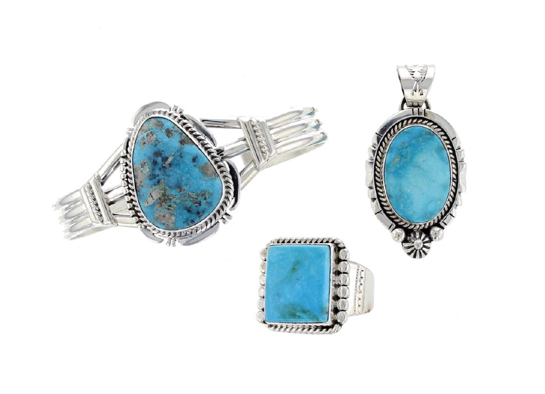 Sterling Silver  Turquoise Bracelet Ring & Pendant Lot (1 of 1)