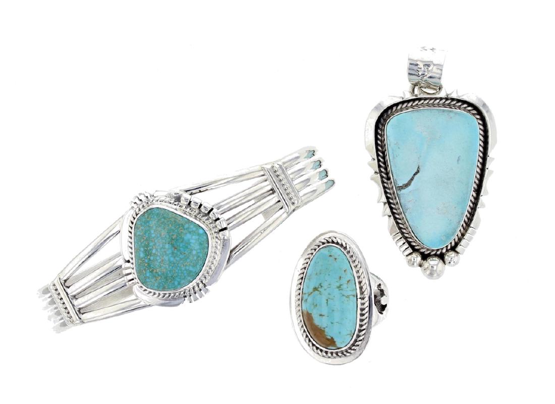 Sterling Silver  Turquoise Bracelet Ring & Pendant Lot (1 of 1)