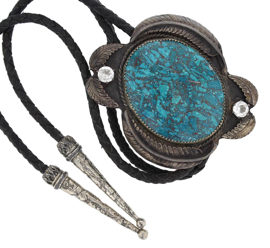 Sterling Silver  Turquoise & CZ Vintage Bolo Tie Navajo (1 of 1)