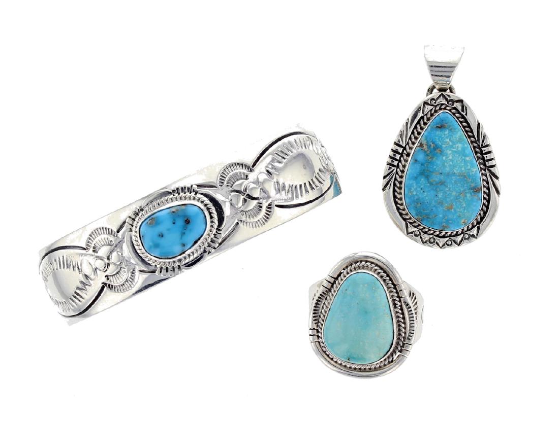 Sterling Silver  Turquoise Bracelet Ring & Pendant Lot (1 of 1)