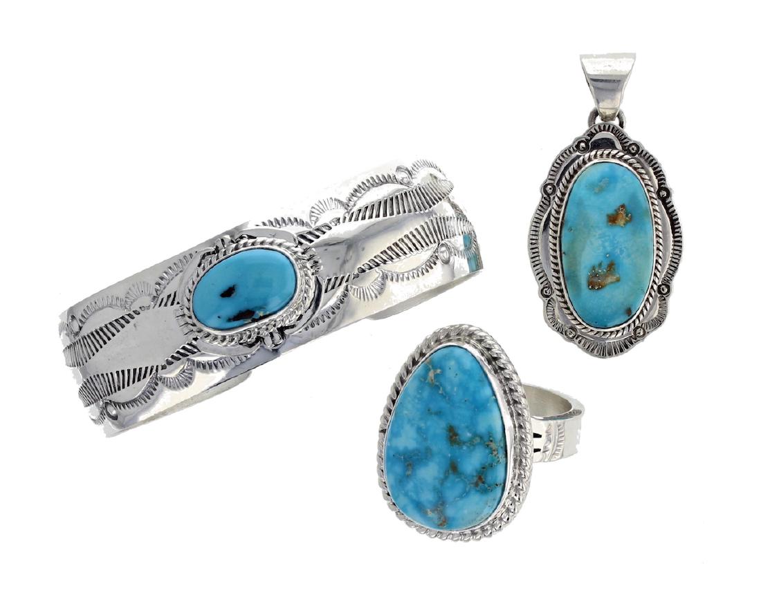 Sterling Silver  Turquoise Bracelet Ring & Pendant Lot (1 of 1)