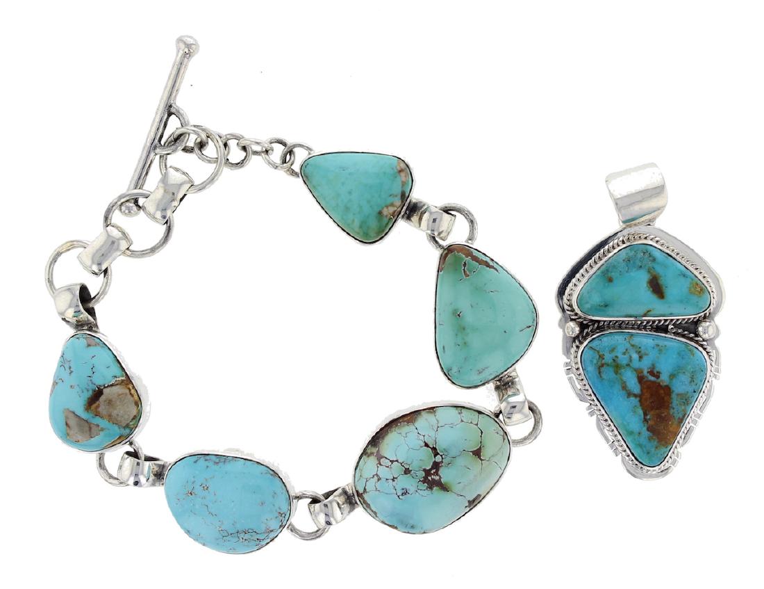 Sterling Silver  Turquoise Link Bracelet & Pendant Lot (1 of 1)
