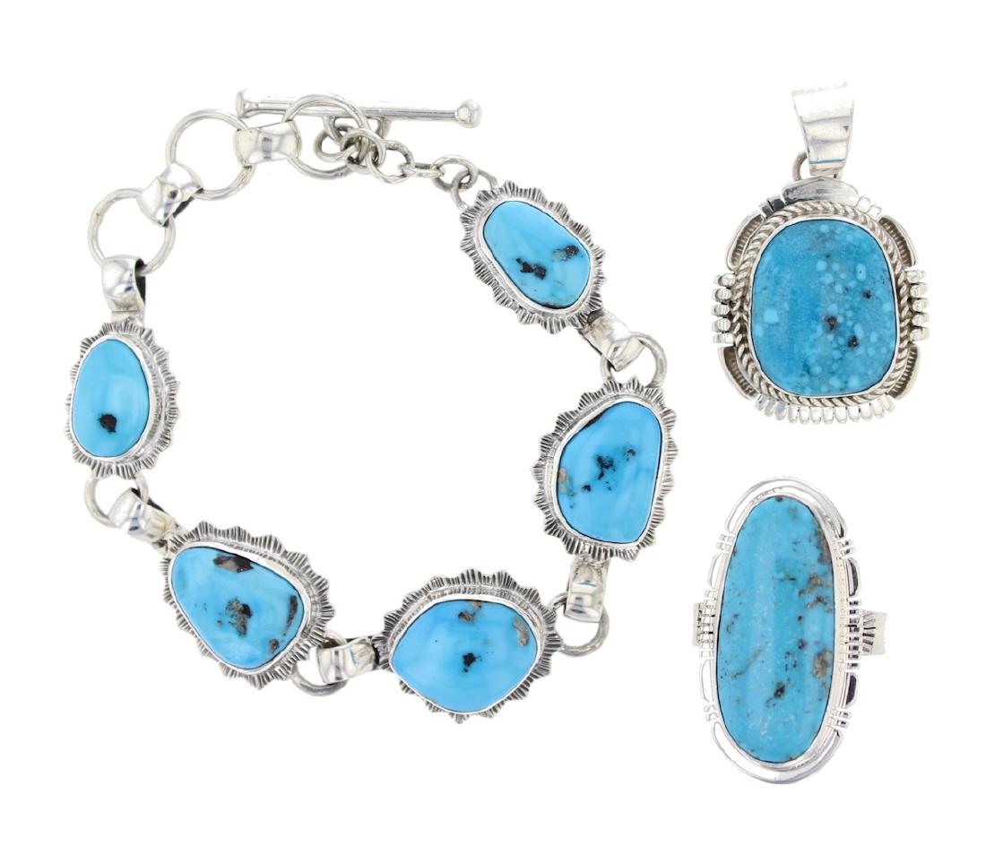 Sterling Silver  Turquoise Link Bracelet Pendant & Ring (1 of 1)