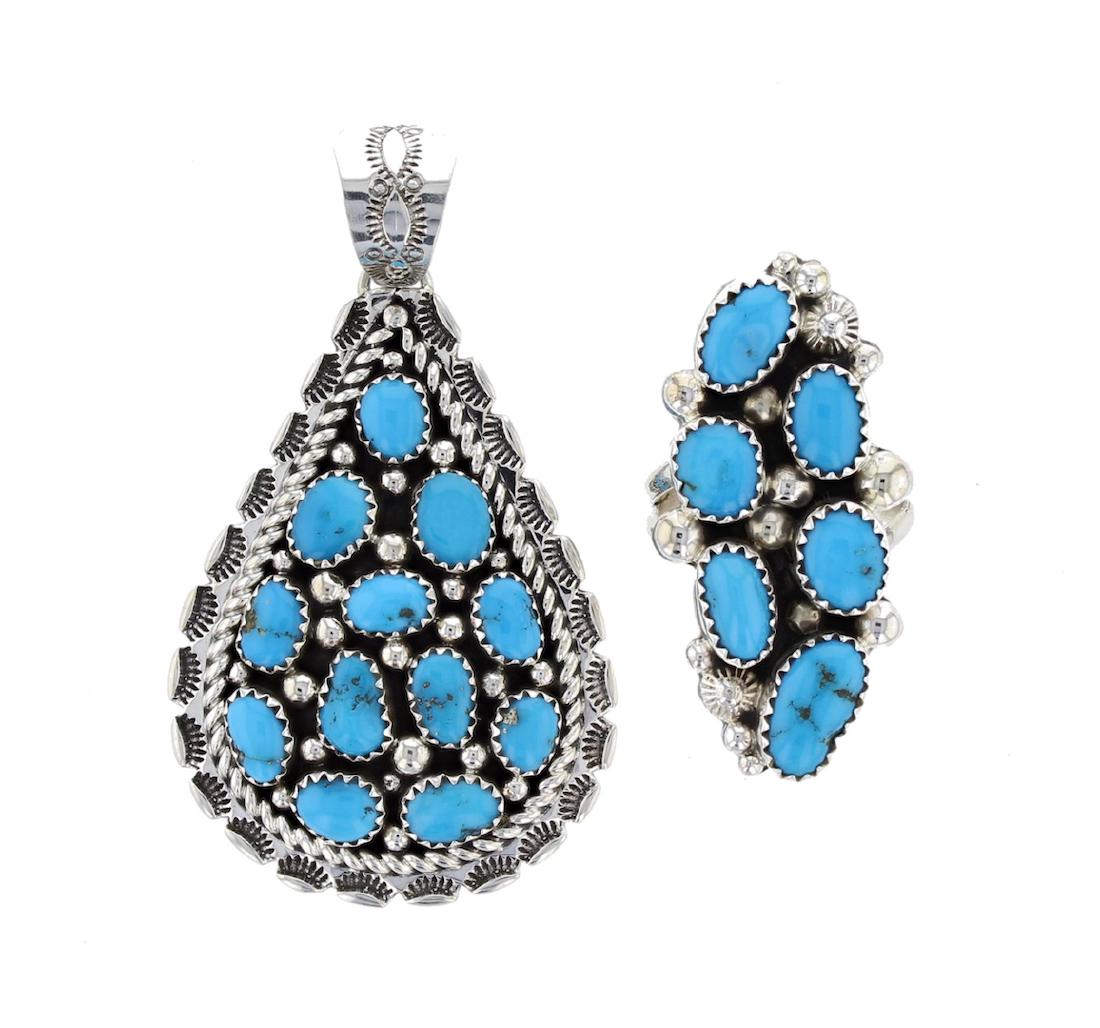 Sterling Silver Turquoise Pendant & Ring Set Navajo (1 of 1)