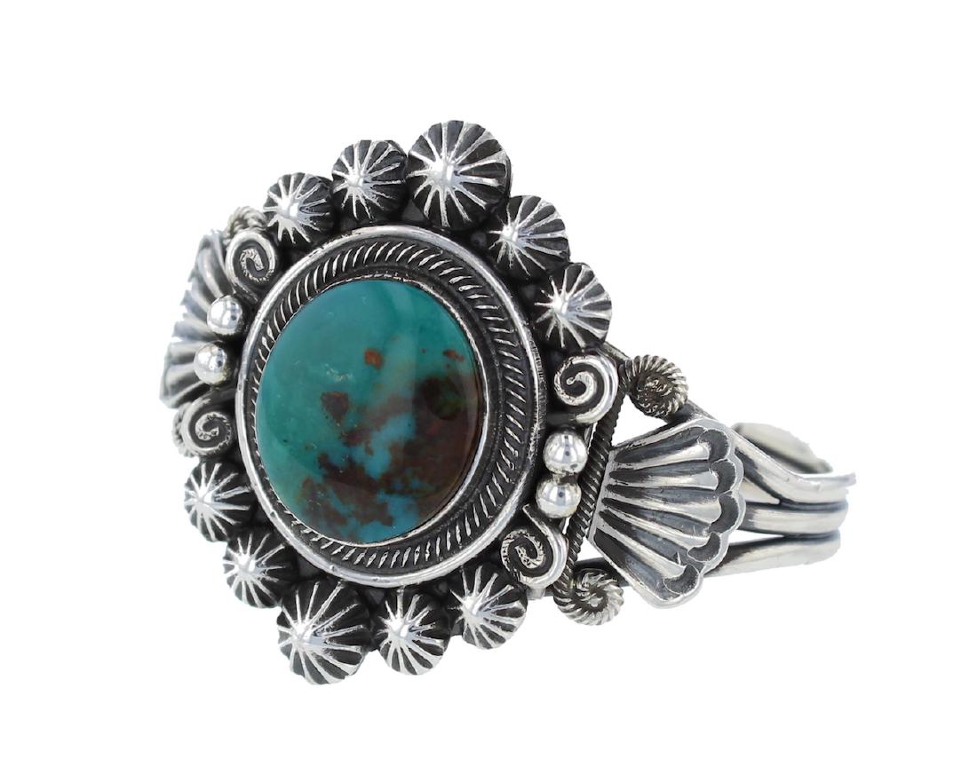 Sterling Silver & Ingot Silver Turquoise Masterpiece: Weight: 55.1 Grams, Size: 5.25" inner, 1" Gap, 6.25" Total ||Sterling Silver & Ingot Silver Genuine Turquoise Masterpiece Bracelet Navajo Native American Indian Jewelry Signed Leon MTZ