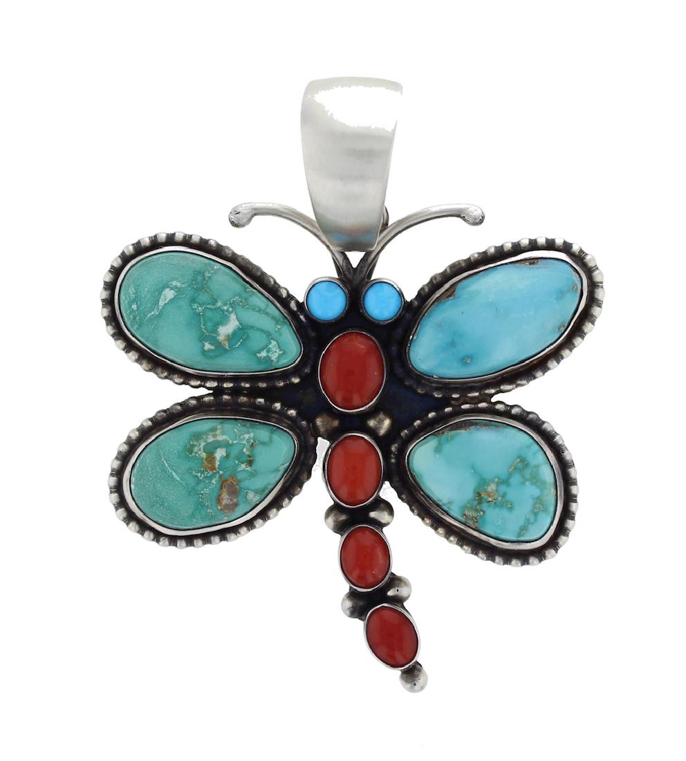 Sterling Silver Turquoise & Coral Dragonfly Pendant (1 of 2)