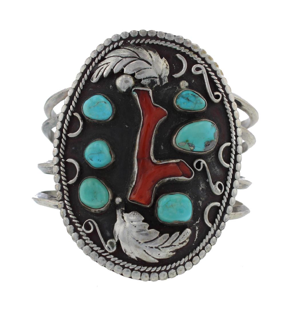 Sterling Silver Turquoise & Coral Antique Bracelet (1 of 1)