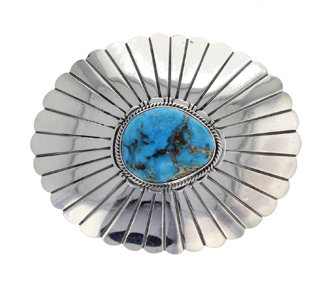 Sterling Silver Turquoise Contemporary Belt Buckle: Weight: 64.3 Grams, Dimensions: 2.75" x 3.25" | 1.75" Belt Insert ||Sterling Silver Genuine Turquoise Contemporary Belt Buckle Navajo Native American Indian Jewelry Signed J. Nelson