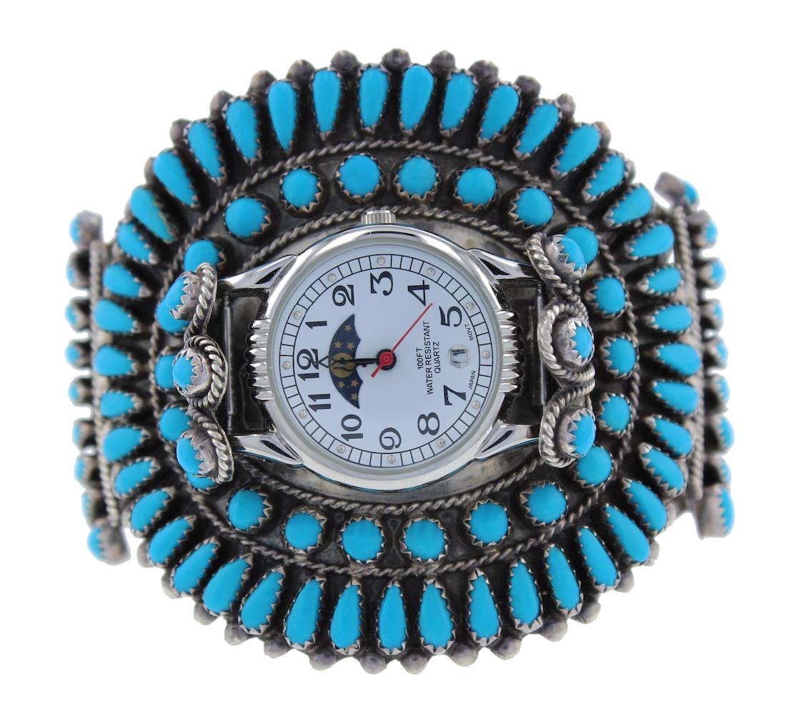 Sterling Silver Block Turquoise Vintage Watch Bracelet (1 of 2)